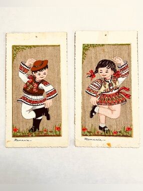 Romanian Folk Art Boy Girl Dancing Children Foclor Costume Hand Painted Linen